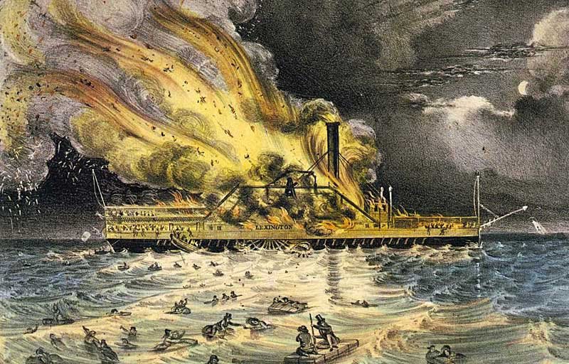 Currier and Ives print of ferry boat fire.