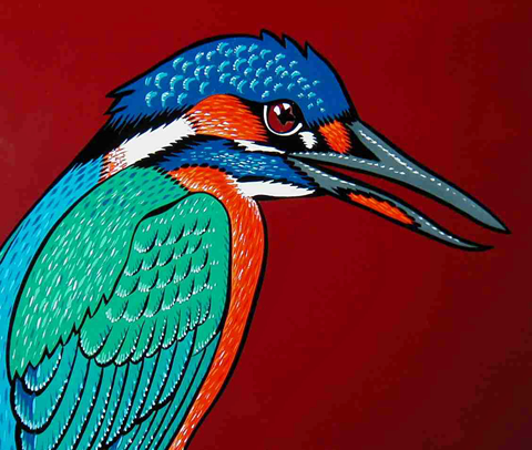Detail of Halcyone transom showing kingfisher bird brush painted by Peter Achorn.