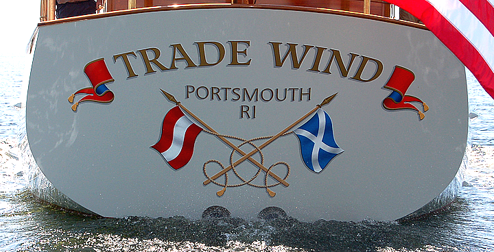Trade Wind restored at Rockport ME Marine with hand painted letters and decoration by Peter Achorn.