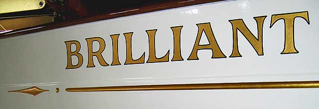 historic schooner Brilliant's gold bow name copied and reproduced from previous lettering.