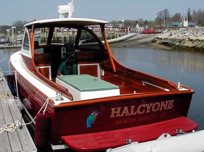 boat Halcyone at the dock of Lyman-Morse Boat Building in Thomaston ME.
