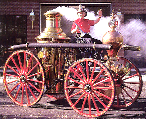 Fred Conway on his 1875 Clapp & Jones steam fire engine